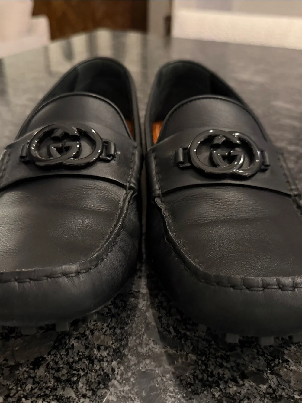 Gucci Black Leather Men's Driving Loafers with Interlocking G